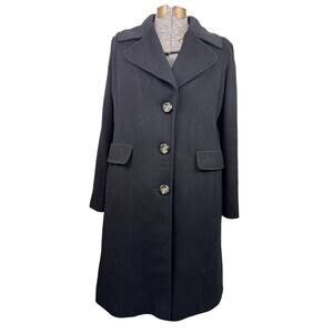 FLEURETTE Loro Piana Wool Fabric Black Long Coat Notch Lapel Single Breasted 14